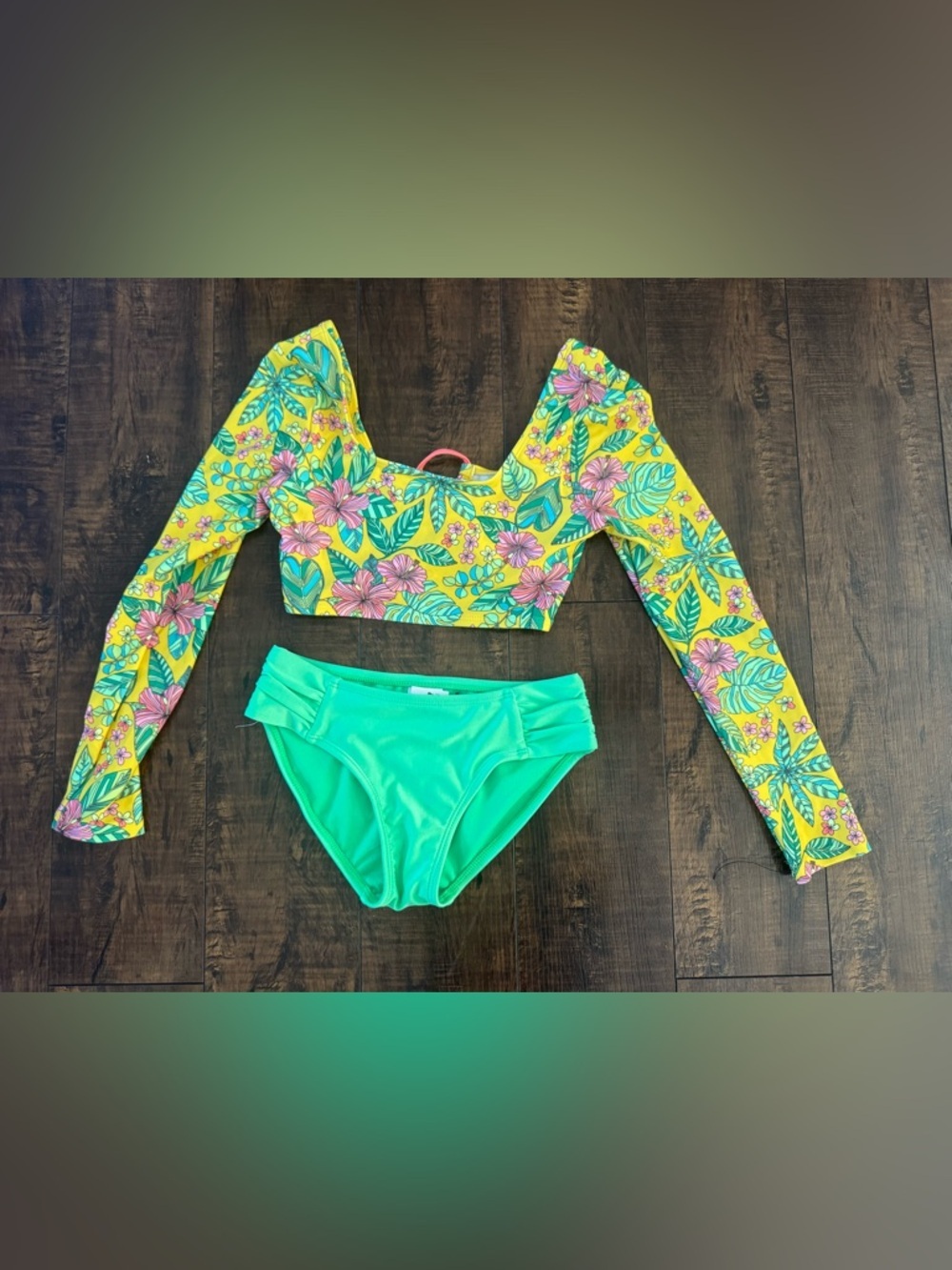 art class Yellow Floral Long-Sleeve Bikini Set with Green Bottoms